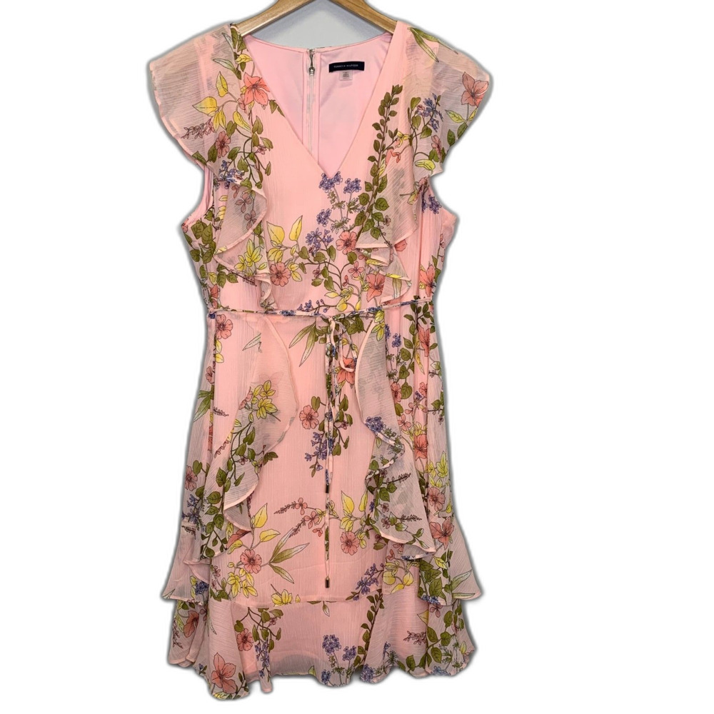Tommy‎ Hilfiger Pink Chiffon Floral Dress Flowy Fit & Flare Cottage Core Size 16